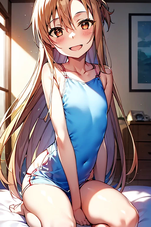 ((Best Quality)), ((masterpiece)), (be familiar with),  perfect face, indoor, bedroom,  watching viewers ,
One woman, Yuuki Asuna,
 characters with open mouth ,  ecstatic expression, blush, smile,
Small breasts,  flat chest, , ,  kids, Girl,
Long Hair,  long hair ,
Leg spread,