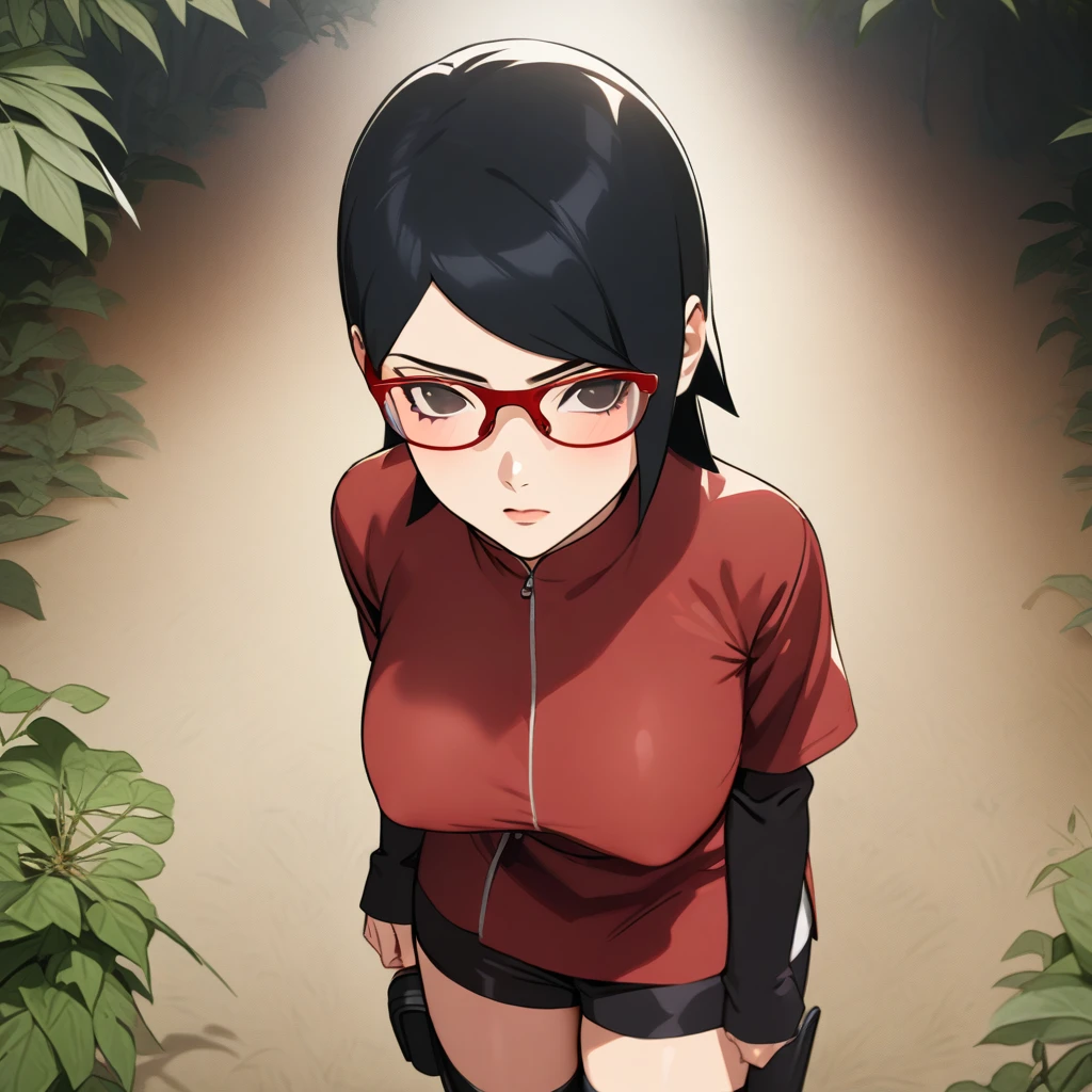 Sarada Uchiha,  short black hair, one lens,  a red shirt with medium growing breasts,  short shorts gray boots color black  , escenario en un bosque high resolution,  high resolution,  masterpiece ,  The best quality, HD model, wear animation-style glasses like the LORA 