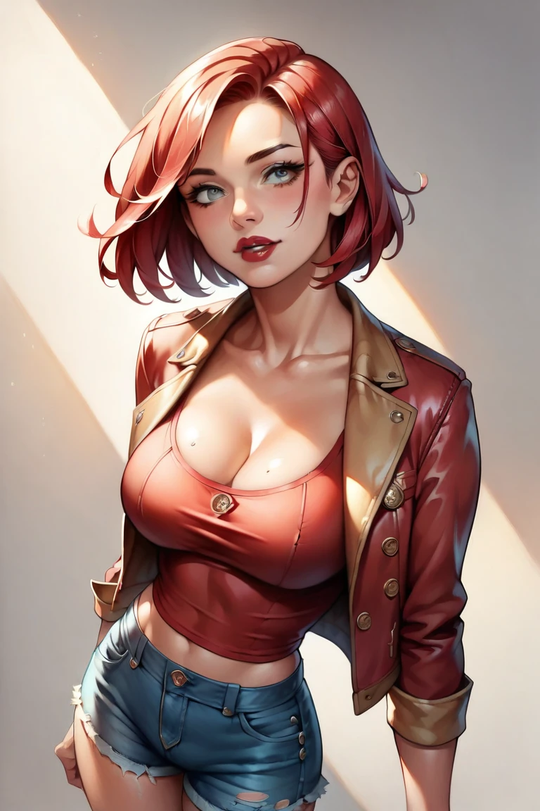 (high-level image quality), (high quality), (high resolution), (detailed), (masterpiece), beautiful woman, ((caucasian)), green eyes, red hair, short hair, dark red lipstick, busty, slender body, Detailed eyes, perfect eyes, Detailed face, leather jacket, strapless top, looking to viewer, posing