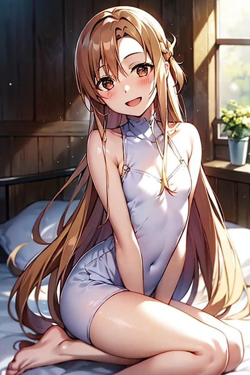 ((Best Quality)), ((masterpiece)), (be familiar with),  perfect face, indoor, bedroom,  watching viewers ,
One woman, Yuuki Asuna,
 characters with open mouth ,  ecstatic expression, blush, smile,
Small breasts,  flat chest, , ,  kids, Girl,
Long Hair,  long hair ,
Leg spread,