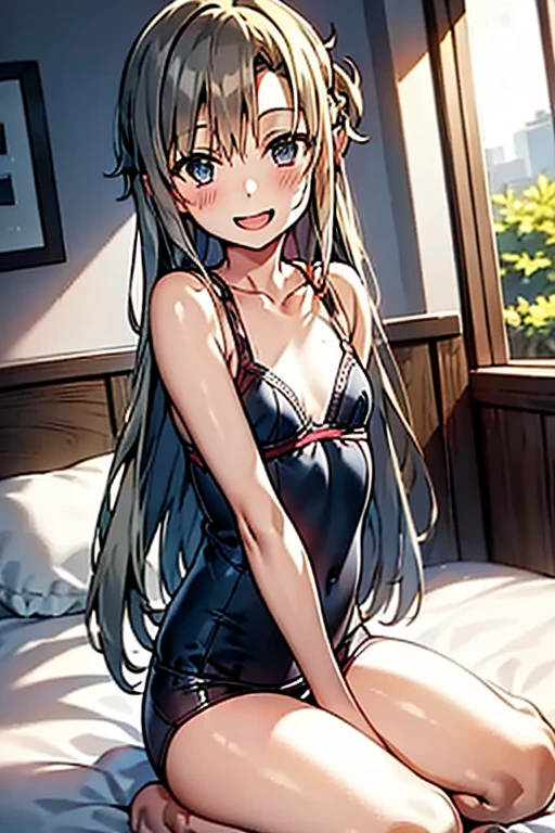 (masterpiece, Highest quality:1.2), full body, One girl, between eyes, Long Hair, Twin tails, Hair Ribbon, happy ,Small breasts, choker, Shine, (Sports Bra、spats), Lying in bed, smile, (View from above), (Fine and beautiful eyes:1.6), Highly detailed face, Highly detailed CG, (Perfect hands, Perfect Anatomy),