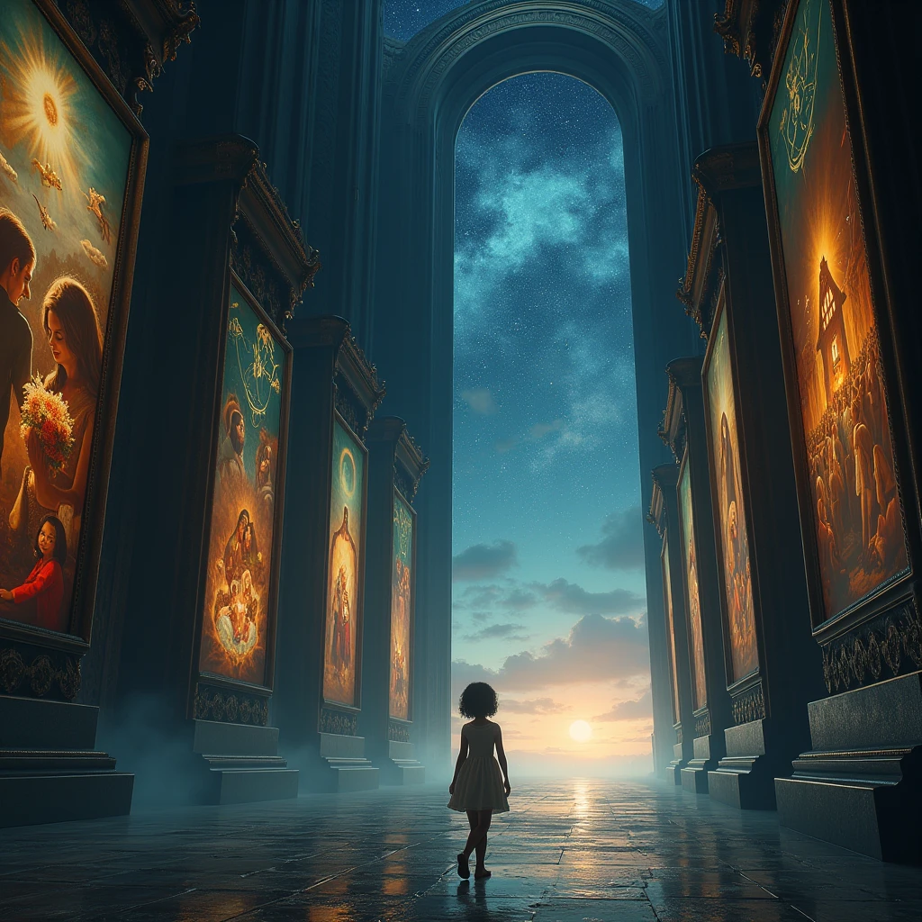 A small cute girl is walking toward the dark, space-like long portal toward the far end.and on both sides of the portal are many large panels with very detailed images of all the events of the girl's life that will happen to her in the future  one by one. 
Predictions, prophecies.