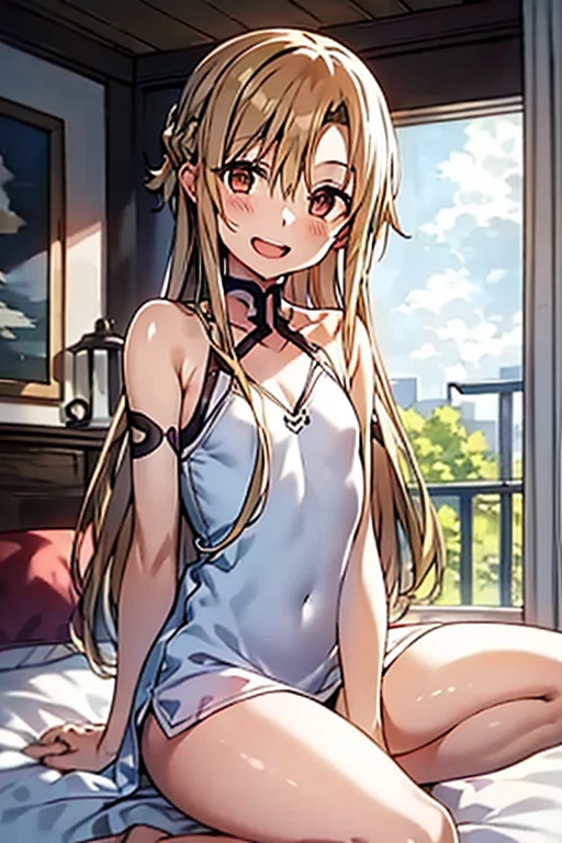 ((Best Quality)), ((masterpiece)), (be familiar with),  perfect face, indoor, bedroom,  watching viewers ,
One woman, Yuuki Asuna,
 characters with open mouth ,  ecstatic expression, blush, smile,
Small breasts,  flat chest, , ,  kids, Girl,
Long Hair,  long hair ,
Leg spread,