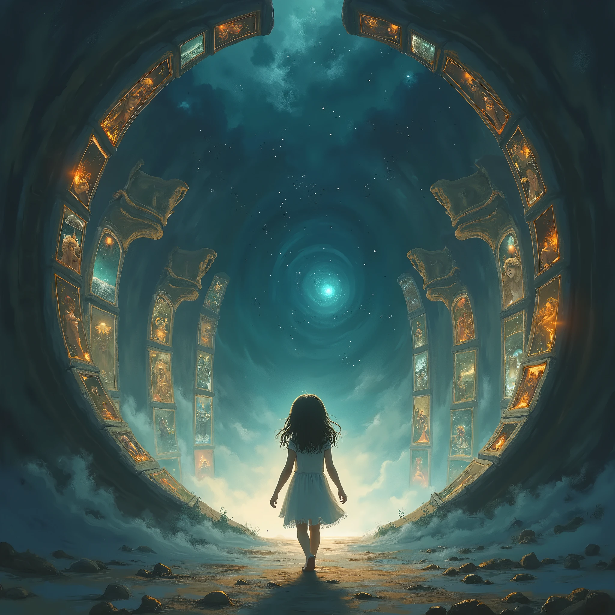 A small cute girl is walking toward the dark, space-like long portal toward the far end.and on both sides of the portal are many large panels with very detailed images of all the events of the girl's life that will happen to her in the future  one by one. 
Predictions, prophecies.