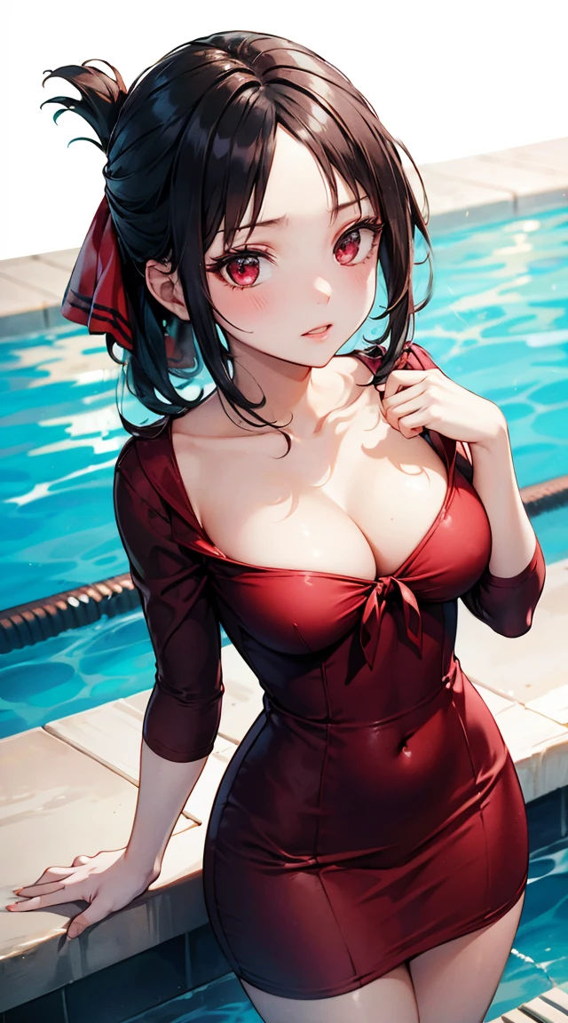  A beautiful brunette girl is shown to have a slim figure,  She is wearing an indecent red dress , , Red Eyes, Sexy photo of girl standing by the pool  , Sexy pose, She showed off her cleavage ,  cowboy shooting,  High quality  , Lots of details,  actual  (Very low cut) ( Long hair ) (Hair) (a red bow in her hair)