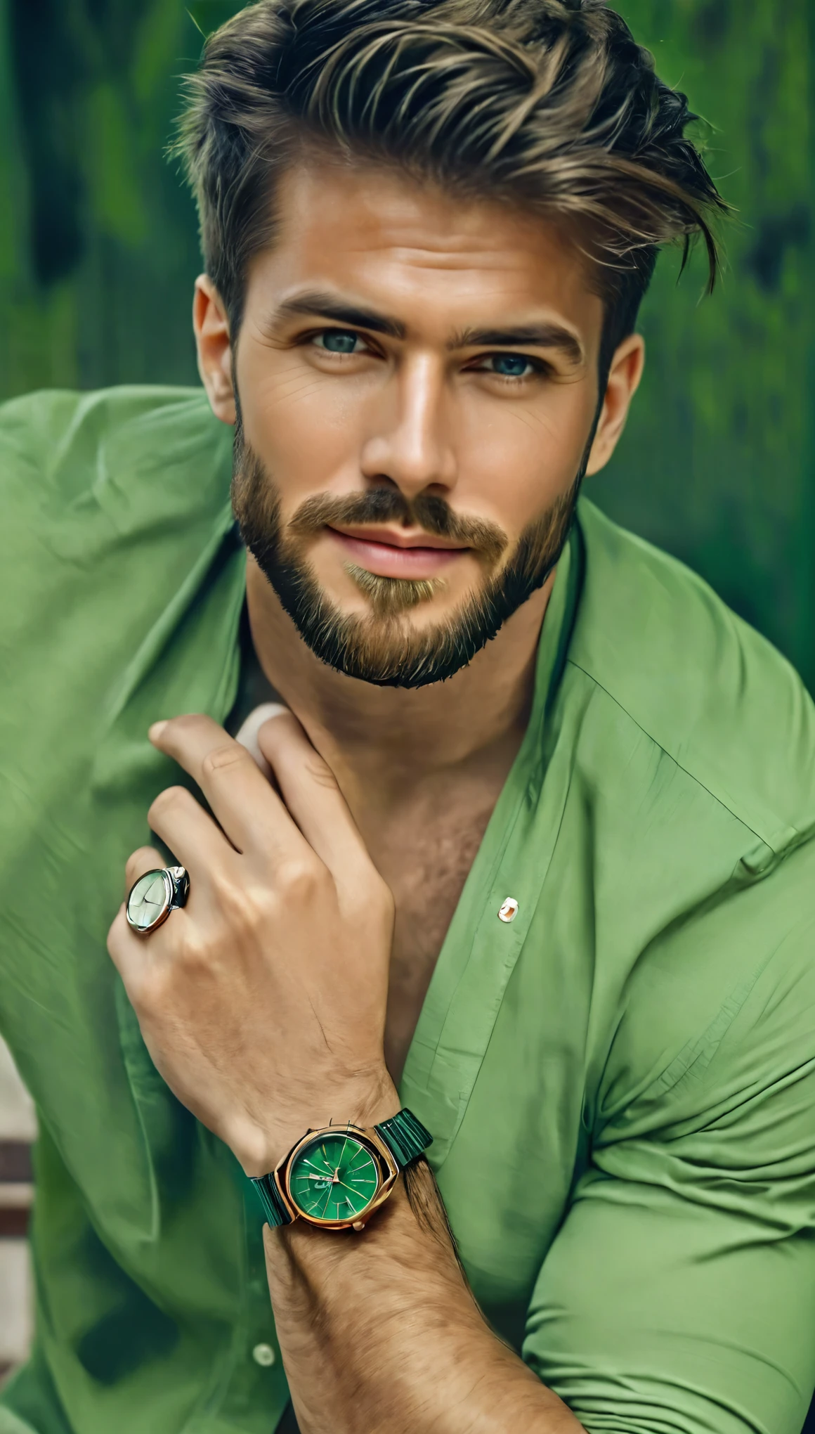  A European man with a beard and a watch on his wrist., Attractive Man, handsome and attractive,  handsome male , Attractive Man,  attractive and handsome face , handsome man, male and handsome, Beautiful face, perfect Beautiful face, Beautiful face and beautiful face, Wearing a watch,  Handsome young man, extremely handsome, very Attractive Man with beard, good looking,  attractive and handsome,  modern haircut sexy pose ,  Anatomically Correct, sepiated photograph ,  light green shirt 