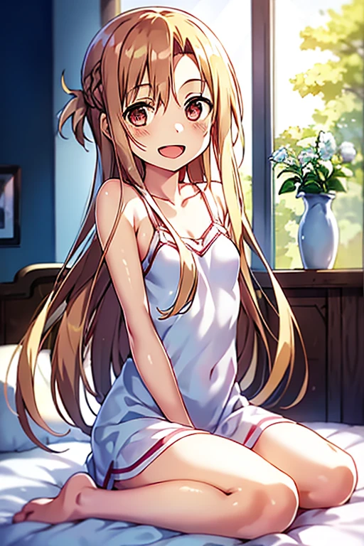 ((Best Quality)), ((masterpiece)), (be familiar with),  perfect face, indoor, bedroom,  watching viewers ,
One woman, Yuuki Asuna,
 characters with open mouth ,  ecstatic expression, blush, smile,
Small breasts,  flat chest, , ,  kids, Girl,
Long Hair,  long hair ,
Leg spread,