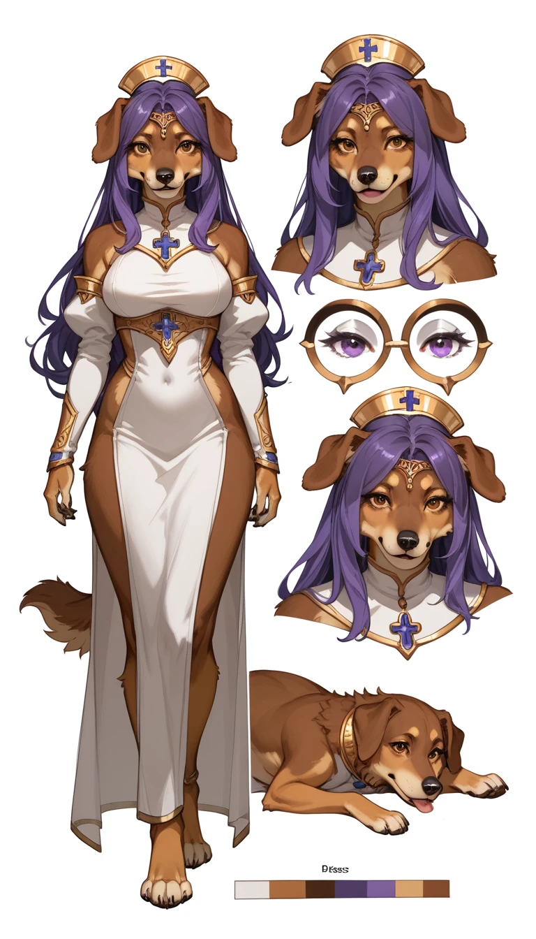 Solo, sexy dog woman, ((furry)), brown fur,  long purple hair, floppy ears, bushy tail, Canus Majori Priestess, Revealing Priestess Armor, Dog Furry, white Background, Character Design sheet, Character infographic sheet