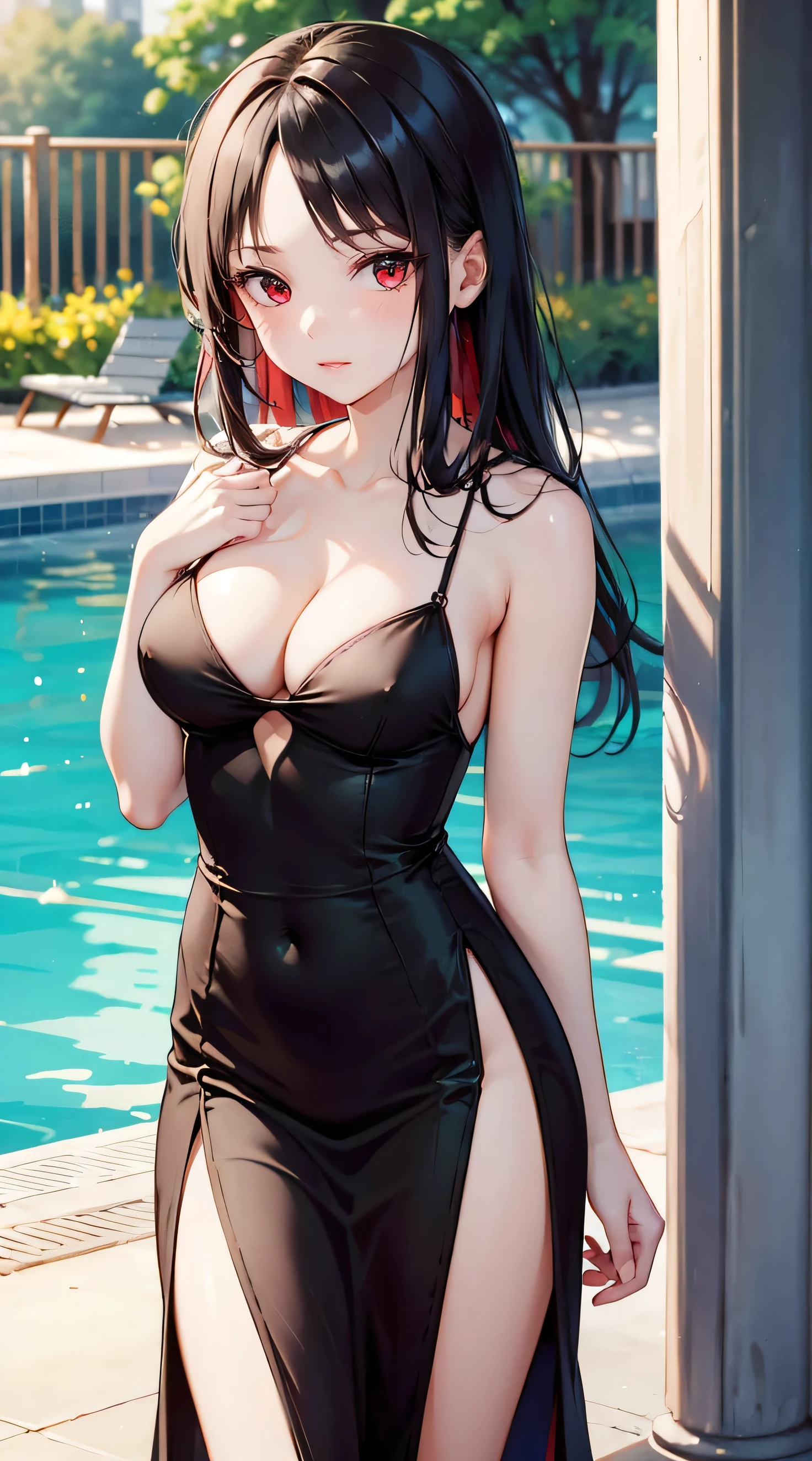  A beautiful brunette girl is shown to have a slim figure,  She is wearing an indecent red dress , , Red Eyes, Sexy photo of girl standing by the pool  , Sexy pose, She showed off her cleavage ,  cowboy shooting,  High quality  , Lots of details,  actual  (Very low cut) ( Long hair ) (Hair) (a red bow in her hair)