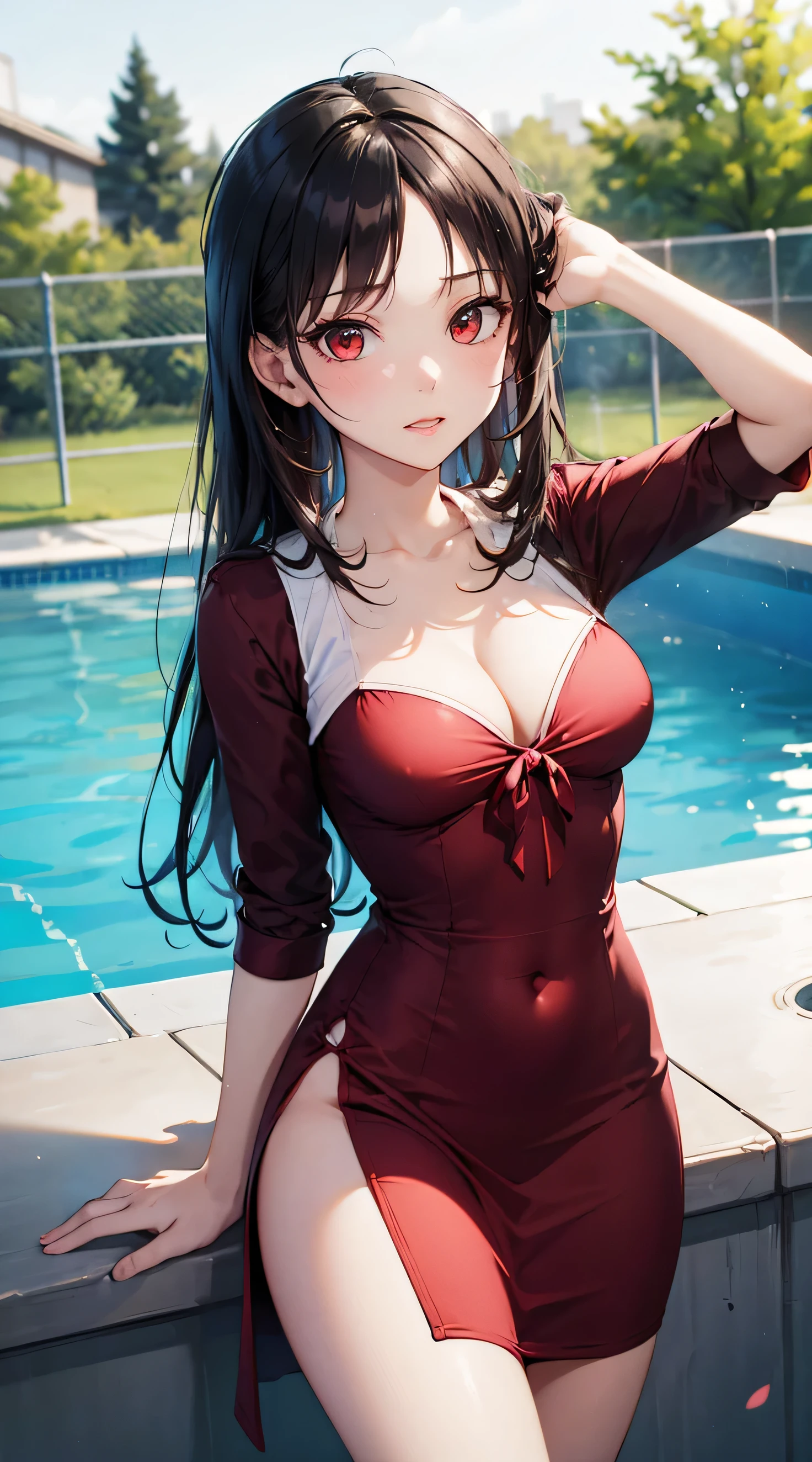  A beautiful brunette girl is shown to have a slim figure,  She is wearing an indecent red dress , , Red Eyes, Sexy photo of girl standing by the pool  , Sexy pose, She showed off her cleavage ,  cowboy shooting,  High quality  , Lots of details,  actual  (Very low cut) ( Long hair ) (Hair) (a red bow in her hair)