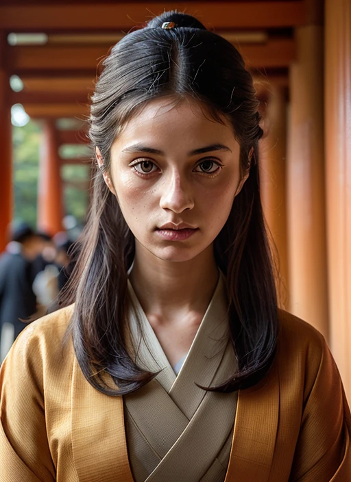 portrait of sks woman in Kyoto, at the Fushimi Inari-taisha shrine, by Flora Borsi, style by Flora Borsi, bold, bright colours, ((Flora Borsi)), by Jimmy Nelson, 