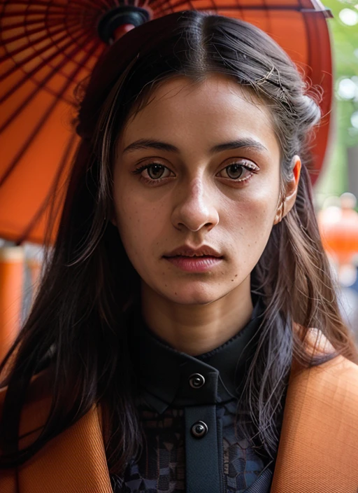 portrait of sks woman in Kyoto, at the Fushimi Inari-taisha shrine, by Flora Borsi, style by Flora Borsi, bold, bright colours, ((Flora Borsi)), by Jimmy Nelson, 