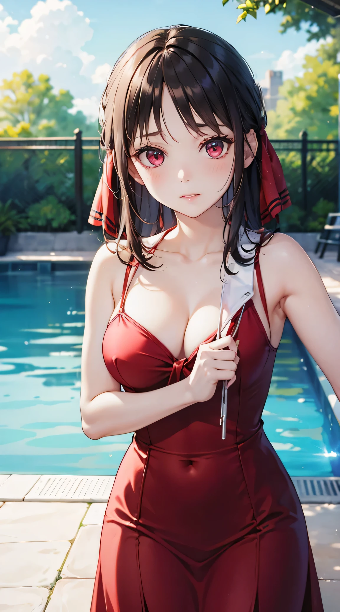  A beautiful brunette girl is shown to have a slim figure,  She is wearing an indecent red dress , , Red Eyes, Sexy photo of girl standing by the pool  , Sexy pose, She showed off her cleavage ,  cowboy shooting,  High quality  , Lots of details,  actual  (Very low cut) ( Long hair ) (Hair) (a red bow in her hair)