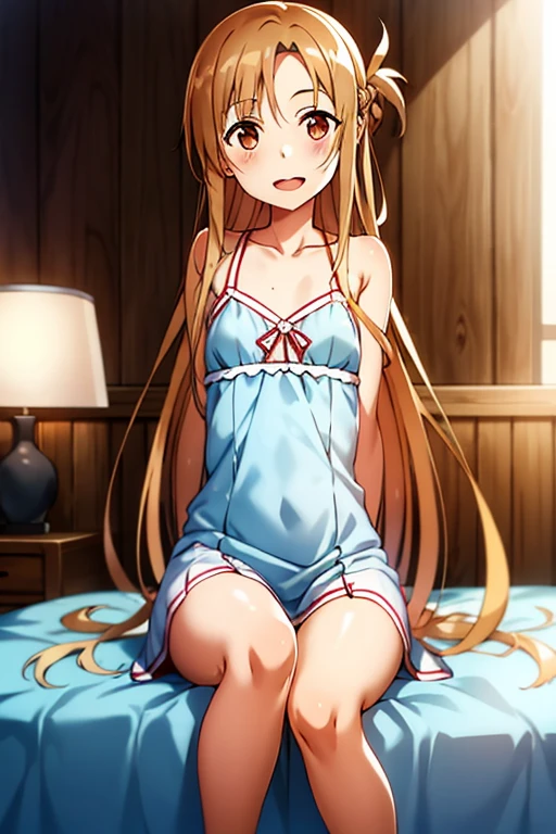 ((Best Quality)), ((masterpiece)), (be familiar with),  perfect face, indoor, bedroom,  watching viewers ,
One woman, Yuuki Asuna,
 characters with open mouth ,  ecstatic expression, blush, smile,
Small breasts,  flat chest, , ,  kids, Girl,
Long Hair,  long hair ,
Leg spread,