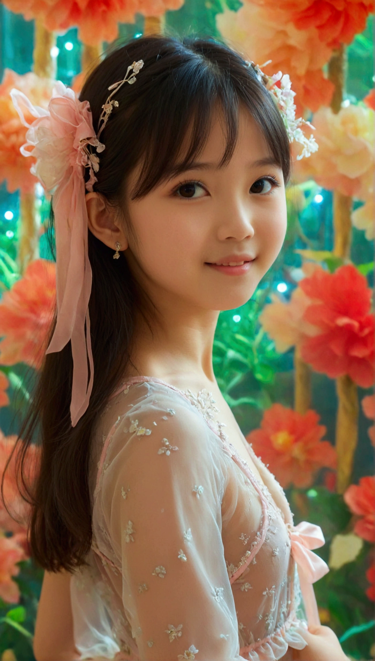 Masterpiece, UHD, 8K, most beautiful asian girl in the world, cute girl, age 9, flat-budding breast, shy smile, pale skin, juvpretty-girl physique, elementary_school-girl physique, charming girl, One-piece style thin sheer fabric dress, sheer fabric, translucent clothes, standing, from the front, act very pretty