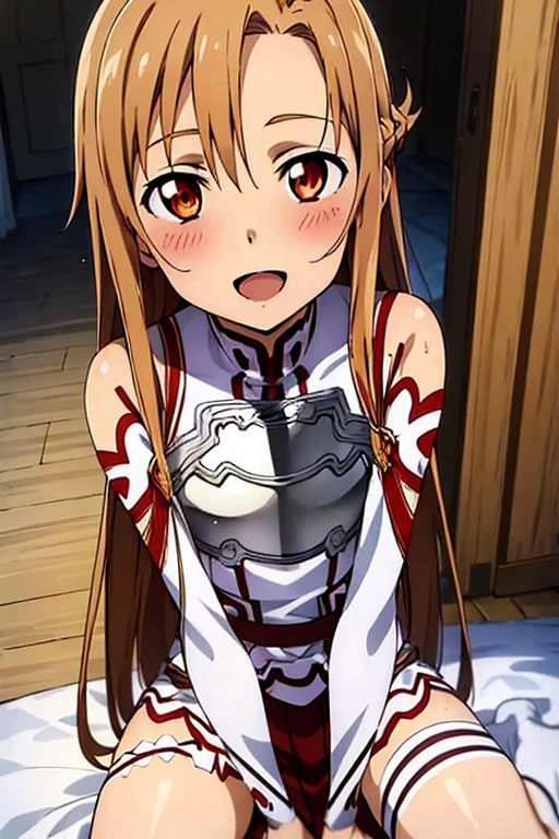 ((Best Quality)), ((masterpiece)), (be familiar with),  perfect face, indoor, bedroom,  watching viewers ,
One woman, Yuuki Asuna,
 characters with open mouth ,  ecstatic expression, blush, smile,
Small breasts,  flat chest, , ,  kids, Girl,
Long Hair,  long hair ,
Leg spread,