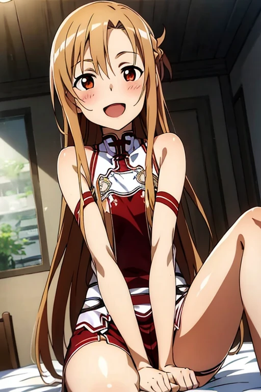 ((Best Quality)), ((masterpiece)), (be familiar with),  perfect face, indoor, bedroom,  watching viewers ,
One woman, Yuuki Asuna,
 characters with open mouth ,  ecstatic expression, blush, smile,
Small breasts,  flat chest, , ,  kids, Girl,
Long Hair,  long hair ,
Leg spread,