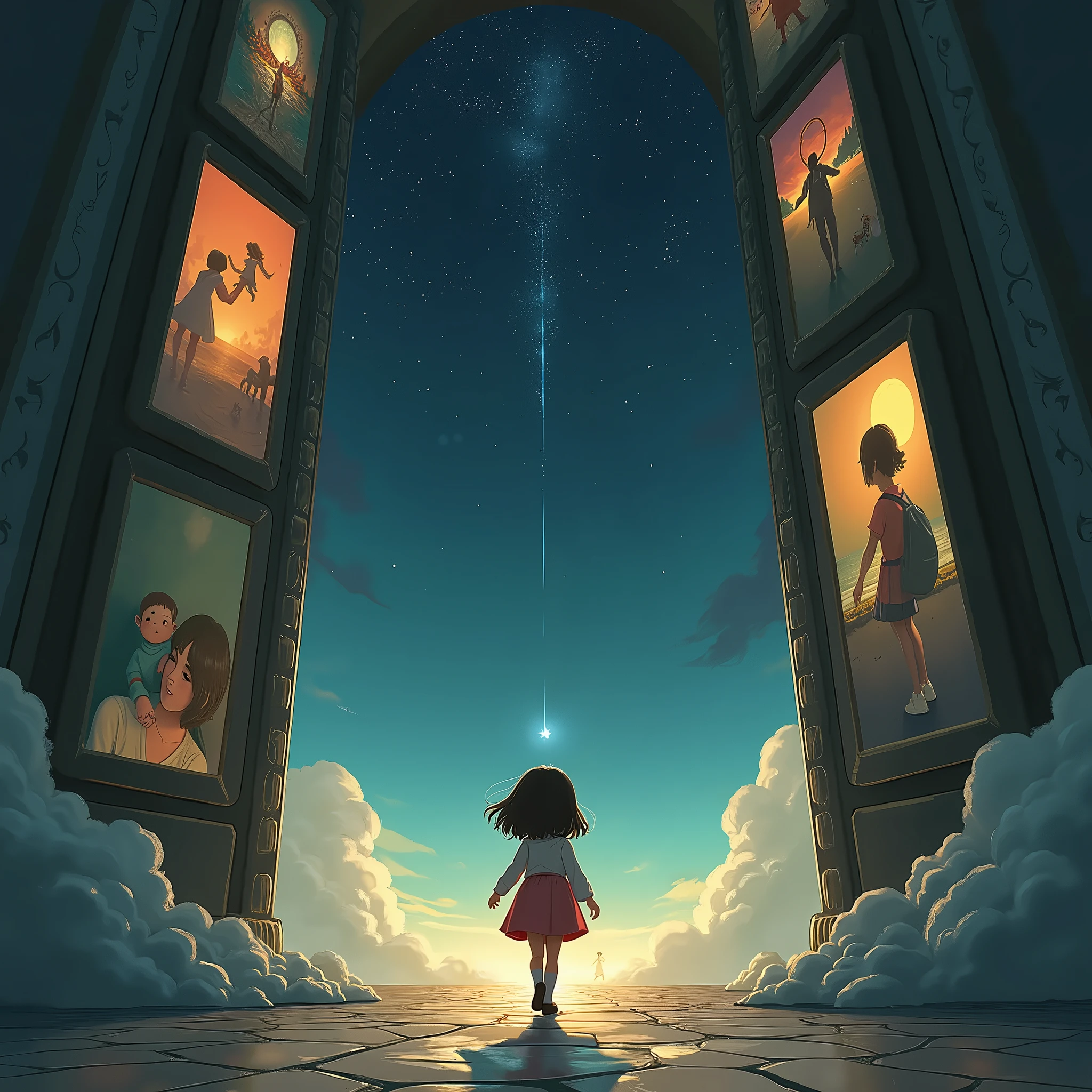 A small cute girl is walking toward the dark, space-like long portal toward the far end.and on both sides of the portal are many large panels with very detailed images of all the events of the girl's life that will happen to her in the future  one by one. 
Predictions, prophecies.