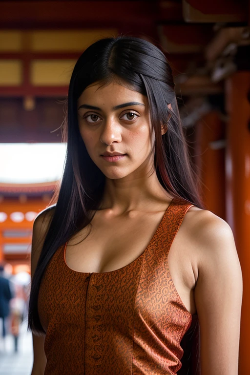 (Anya Chalotra), in Red singlet, at the Fushimi Inari-taisha shrine, by Flora Borsi, style by Flora Borsi, bold, bright colours, ((Long Straight Hair)), by Jimmy Nelson, 