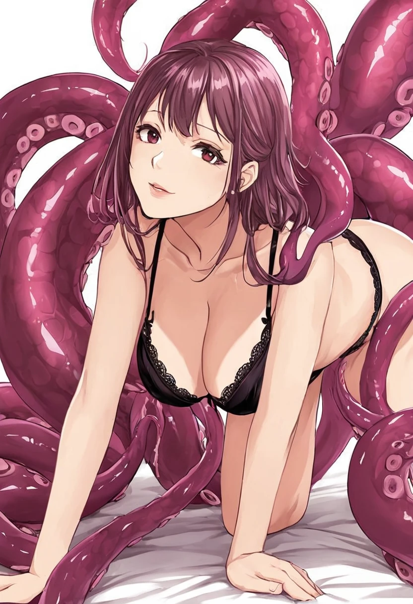 Japanese、woman、big boobs with bra、 and are put on all fours, and tentacles are inserted into the pussy from behind、Women are panting for pleasure in the vagina 、, are stimulated by the G spot, squirt a lot 、 Women have pleasant expressions because their tentacles massage the inside of the vagina、I want you to feel deeper 