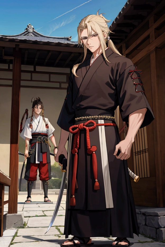 20-year-old samurai boy tall muscular blonde hair and long brown eyes ,  training with the katana in the courtyard of a feudal house