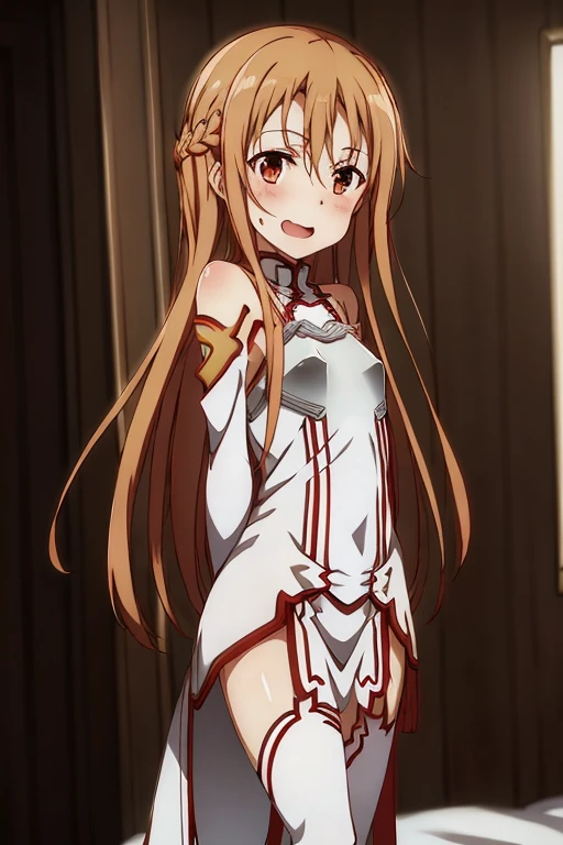 ((Best Quality)), ((masterpiece)), (be familiar with),  perfect face, indoor, bedroom,  watching viewers ,
One woman, Yuuki Asuna,
 characters with open mouth ,  ecstatic expression, blush, smile,
Small breasts,  flat chest, , ,  kids, Girl,
Long Hair,  long hair ,
Leg spread,