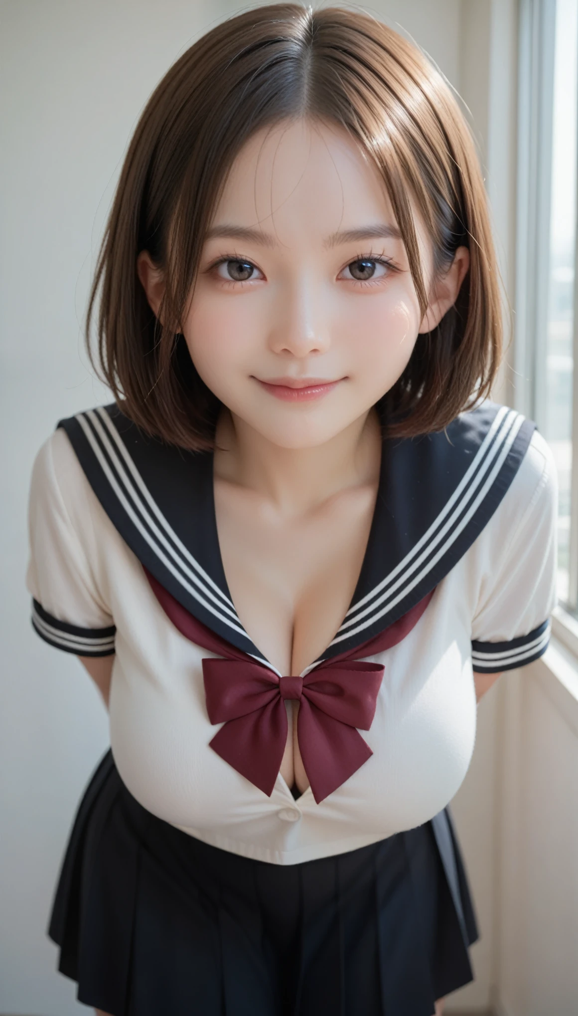 score_9,score_8_up,score_7_up,ultra detailed,absolutely resolution, detailed beautiful face and eyes,brown hair,short hair forehead,Smile,Black sailor uniform,Black short sleeve,Black skirt,large breast,cleavage,leaning forward,arms behind back,large breast,from pov,looking at viewer,School