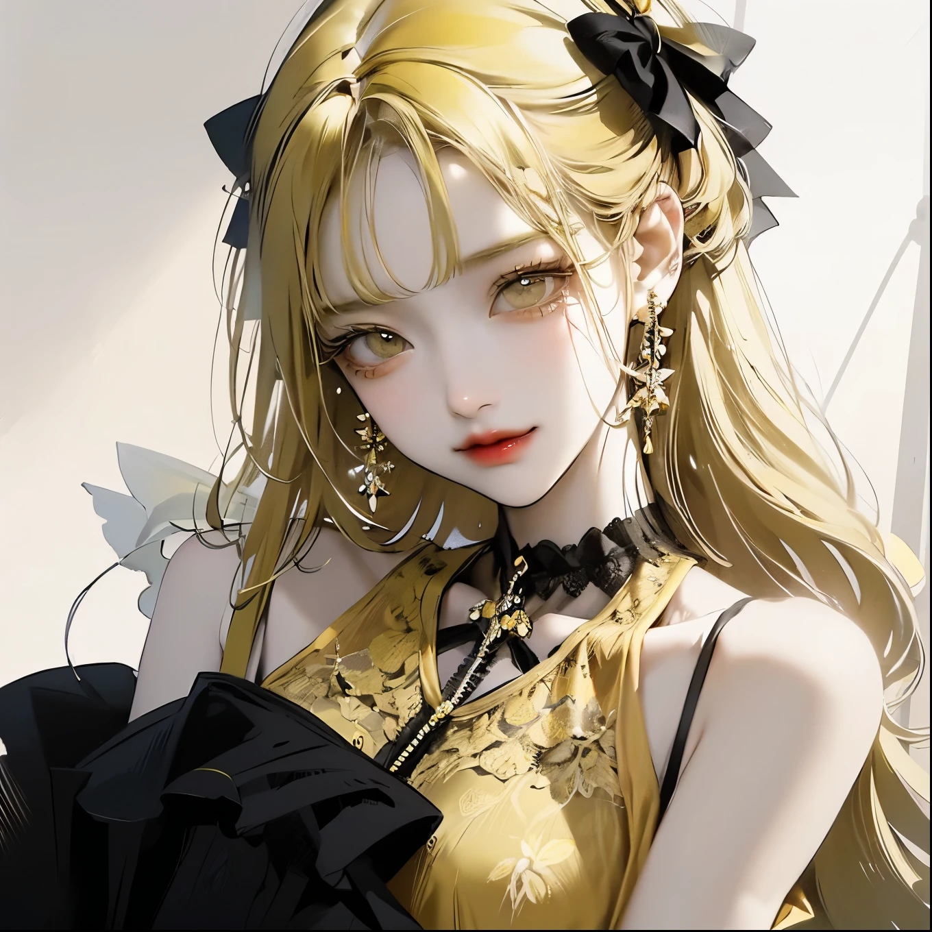   Details、delicate、 Fine  Details、 High image quality、 smile、Looks happy、 yellow hair、  yellow clothes 、Yellow blouse、 yellow ribbon 、Image color is yellow、yellow、 Mass-produced fashion