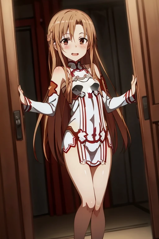 ((Best Quality)), ((masterpiece)), (be familiar with),  perfect face, indoor, bedroom,  watching viewers ,
One woman, Yuuki Asuna,
 characters with open mouth ,  ecstatic expression, blush, smile,
Small breasts,  flat chest, , ,  kids, Girl,
Long Hair,  long hair ,
Leg spread,