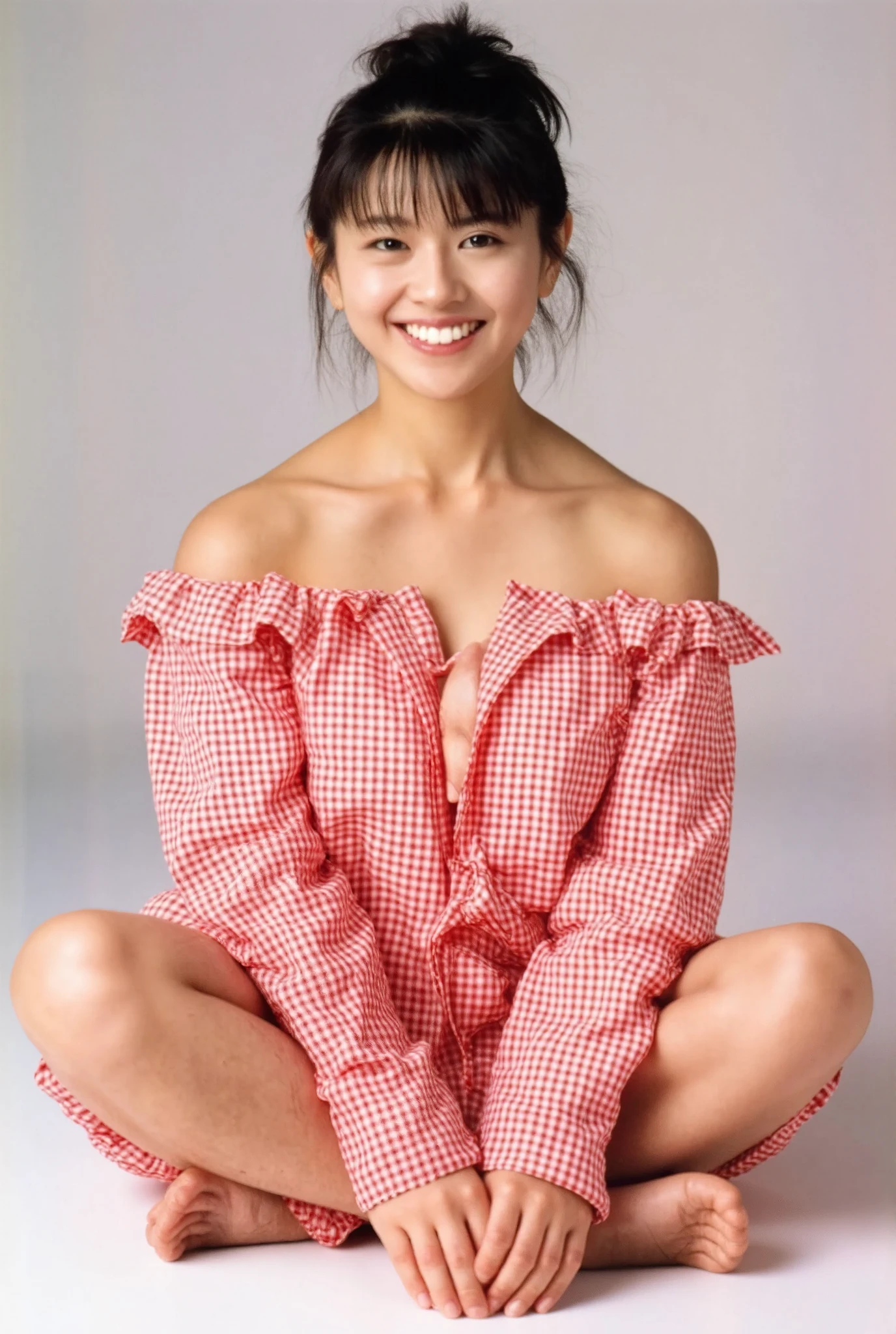 Full body shot from the front、Wear off-the-shoulder mini one-piece pajamas, bend your knees, spread your legs, take a cross-legged pose, and sit while looking at me, Slender bare legs 、smile、The background is a monotone 

