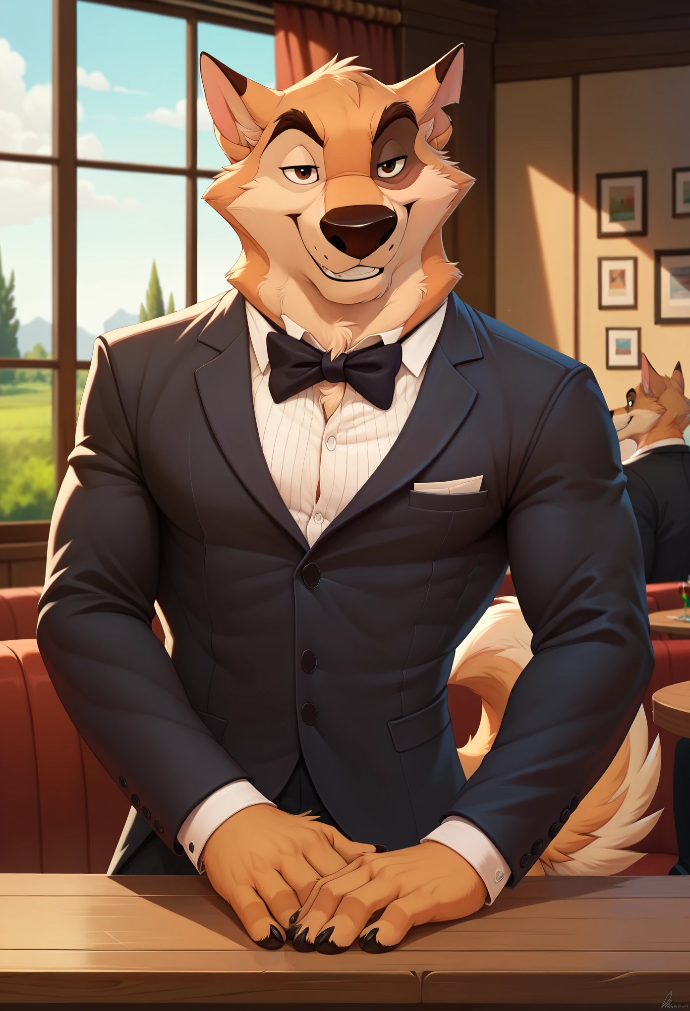 Kaltag, alaskan malamute, anthro, solo, muscular, smile, tuxedo, formal wear, restaurant background, detailed background, high res, ultra quality