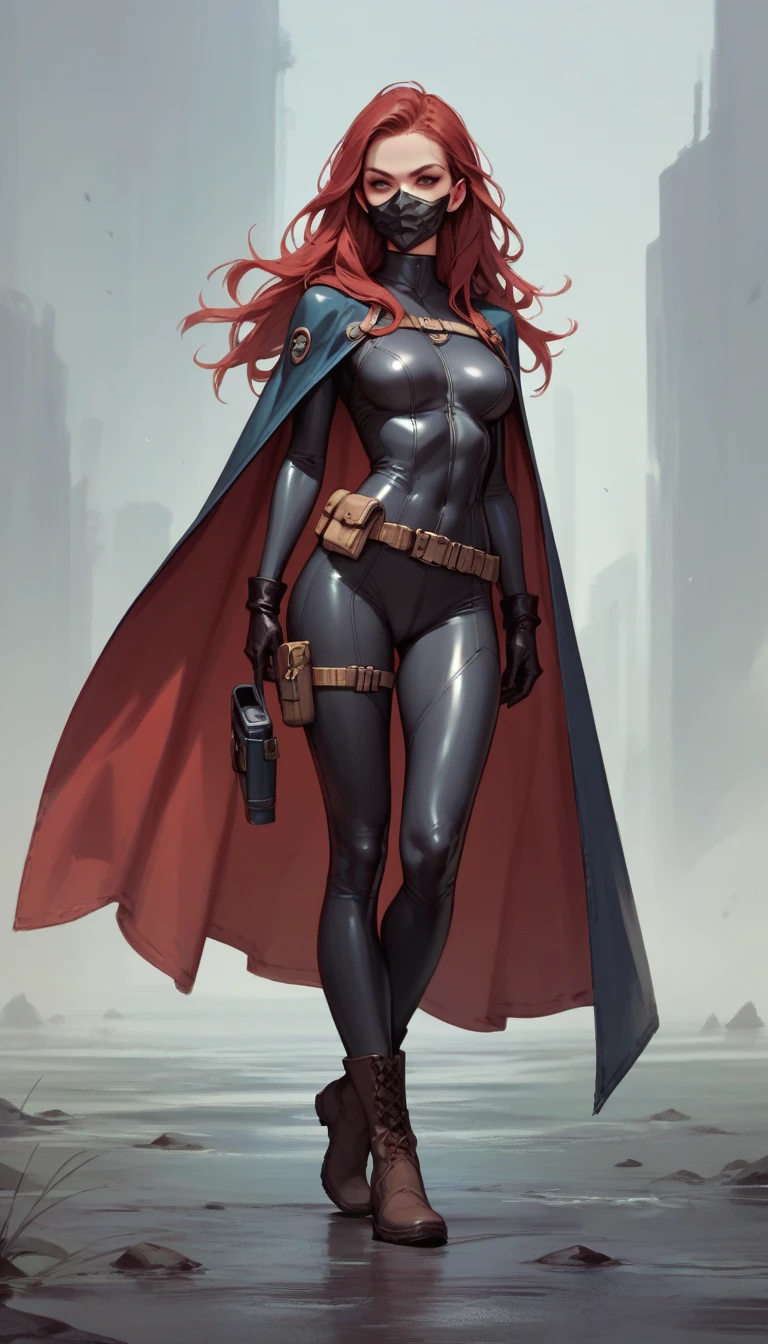 score_9, score_8_up, score_7_up, score_6_up, score_5_up,    b4tgirl, 1girl, solo, mask, gloves, bodysuit, long hair, cape, red hair, utility belt, boots,