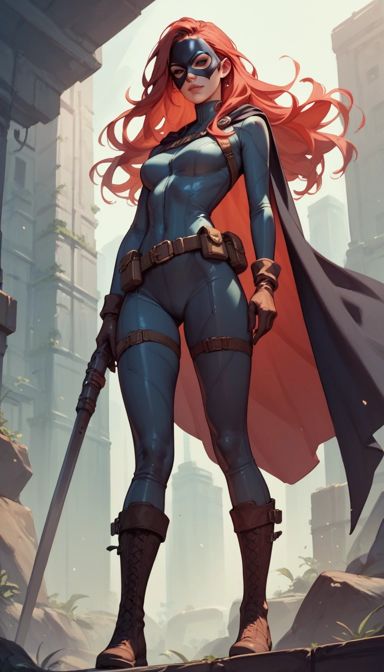 score_9, score_8_up, score_7_up, score_6_up, score_5_up,    b4tgirl, 1girl, solo, mask, gloves, bodysuit, long hair, cape, red hair, utility belt, boots,