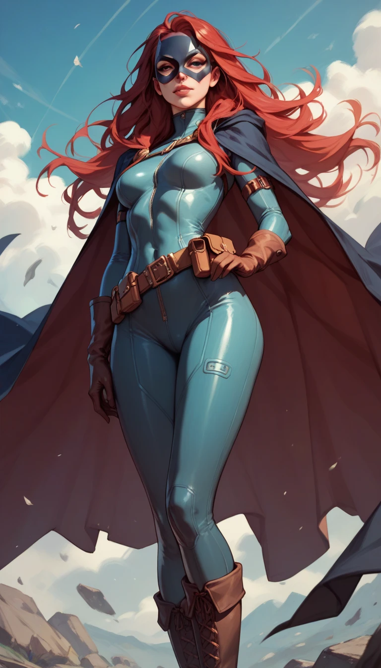 score_9, score_8_up, score_7_up, score_6_up, score_5_up,    b4tgirl, 1girl, solo, mask, gloves, bodysuit, long hair, cape, red hair, utility belt, boots,