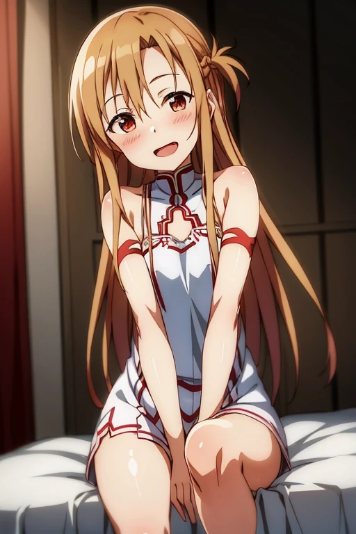 ((Best Quality)), ((masterpiece)), (be familiar with),  perfect face, indoor, bedroom,  watching viewers ,
One woman, Yuuki Asuna,
 characters with open mouth ,  ecstatic expression, blush, smile,
Small breasts,  flat chest, , ,  kids, Girl,
Long Hair,  long hair ,
Leg spread,