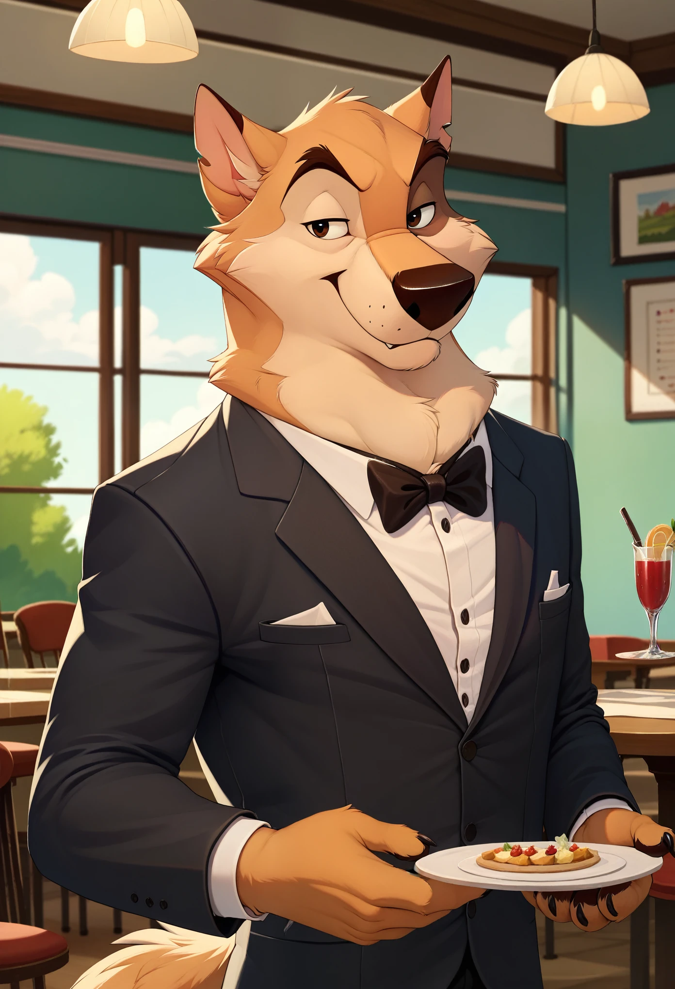 Kaltag, alaskan malamute, anthro, solo, smile, tuxedo, formal wear, restaurant background, detailed background, high res, ultra quality