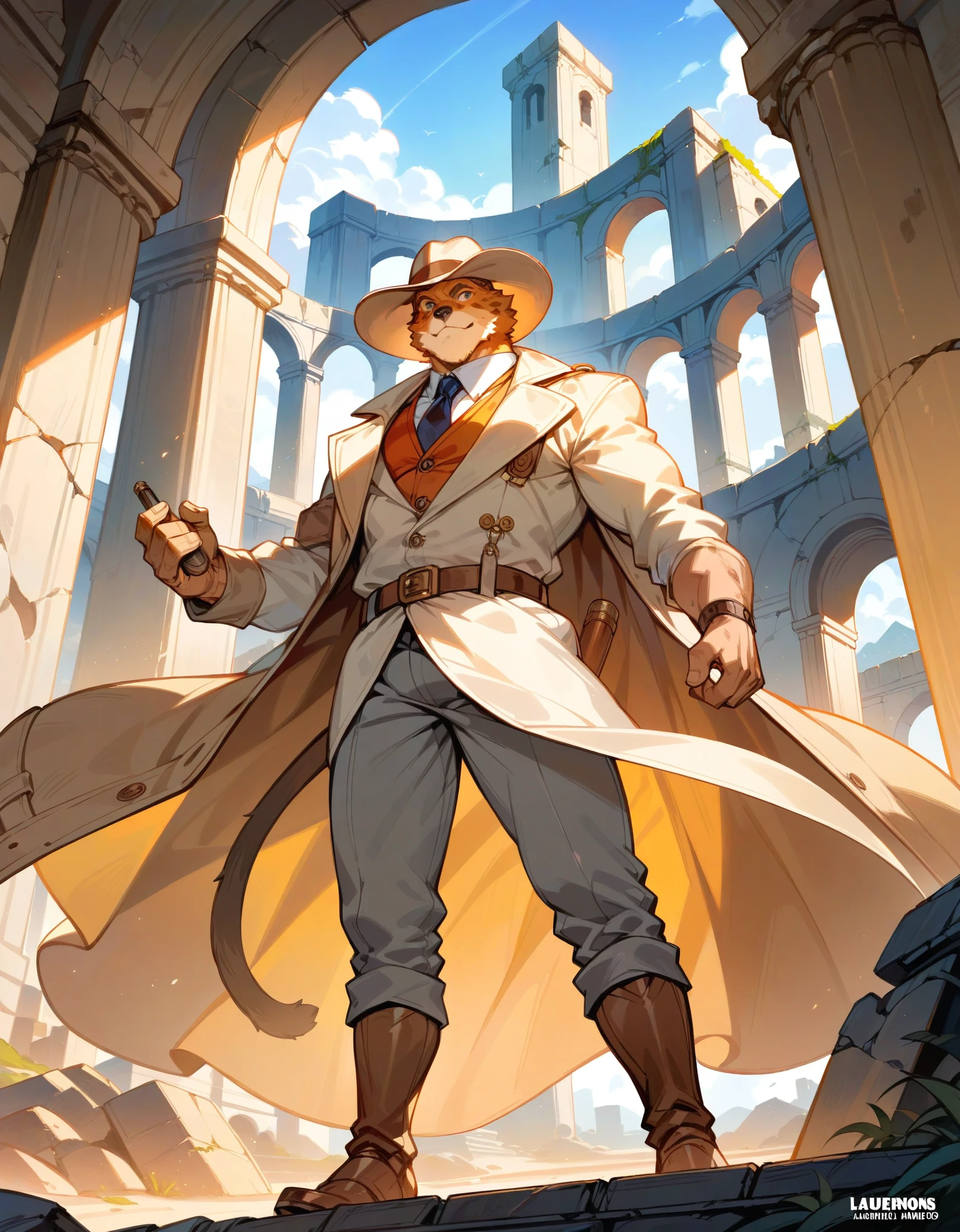 score_9, score_8_up, score_7_up, score_6_up, score_5_up, score_4_up, source_furry, highres, cover page, absurdres, by Michelangelo, by Johannes Vermeer, Old Ruins, Dungeons, Indiana Jones series, perfect anatomy(handsome 1boy, kemono, solo focus, Adventurer, Archaeologist, furry)Dirty Coat and Hat,