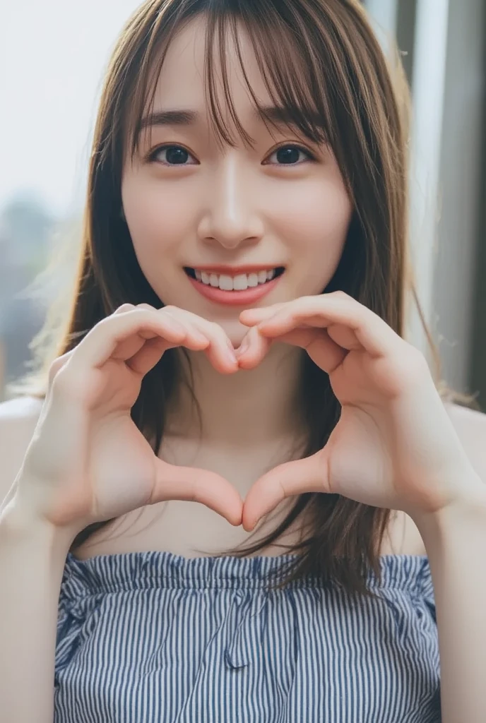 off-the-shoulder pajamas ,  in front of your chest and make a big heart shape with both hands,  Wearing、 I'm holding it in front of my chest, Looking above my collarbone 、Raise your throat for a cute smile 、Monotone background

