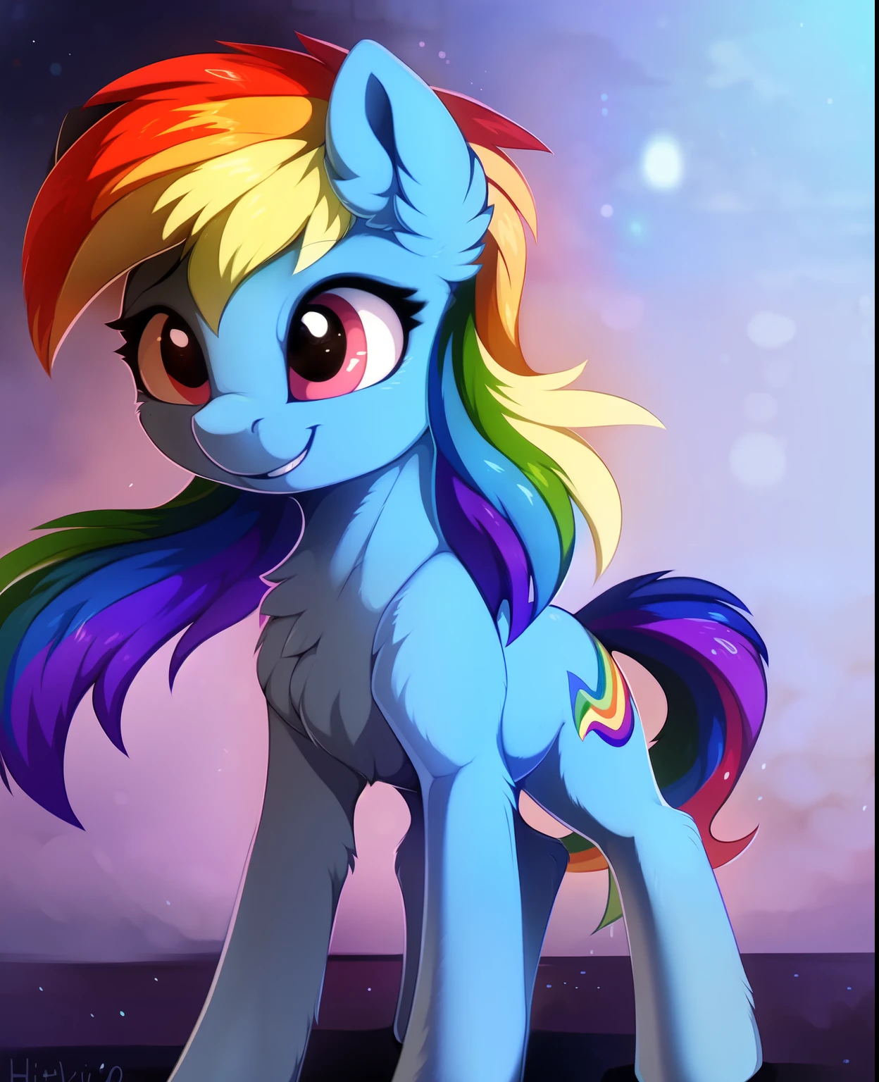 ((masterpiece)), ((best quality)), (8k), (high detailed), (beautiful), 1girl, feral, rainbow dash, smile, one character, mlp, pony, my little pony, horse, wet, all fours, (full body shoot:1.2), detailed hair, detailed fur, by hioshiru, by rattatatus78,, OwO