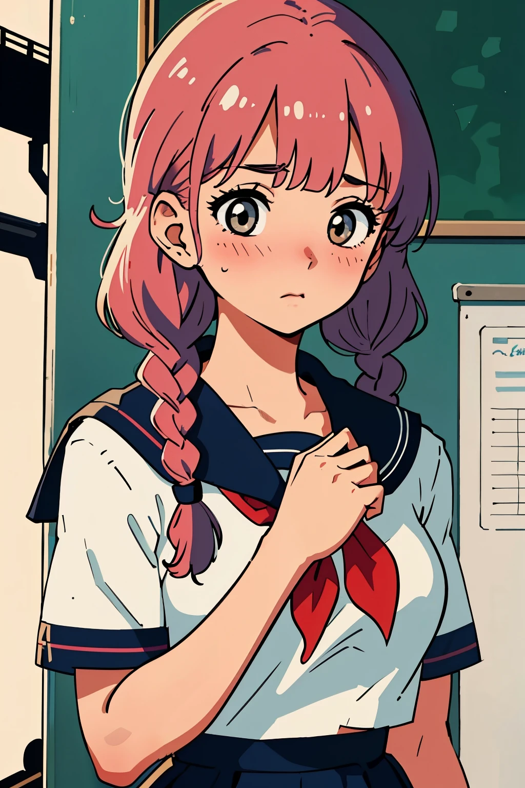 best quality, masterpiece, 1girl, blush, (upper body:1.3), braids hair with bangs, looking down, medium breast, (school sailor uniform:1.2), hands down, train