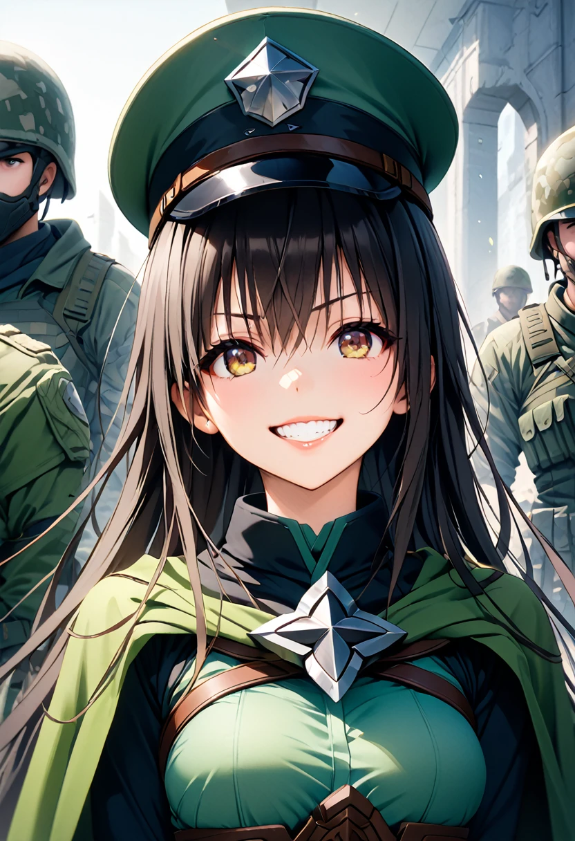 masterpiece, best quality, score_9, score_8_up, girl, grin, fantasy, soldier,