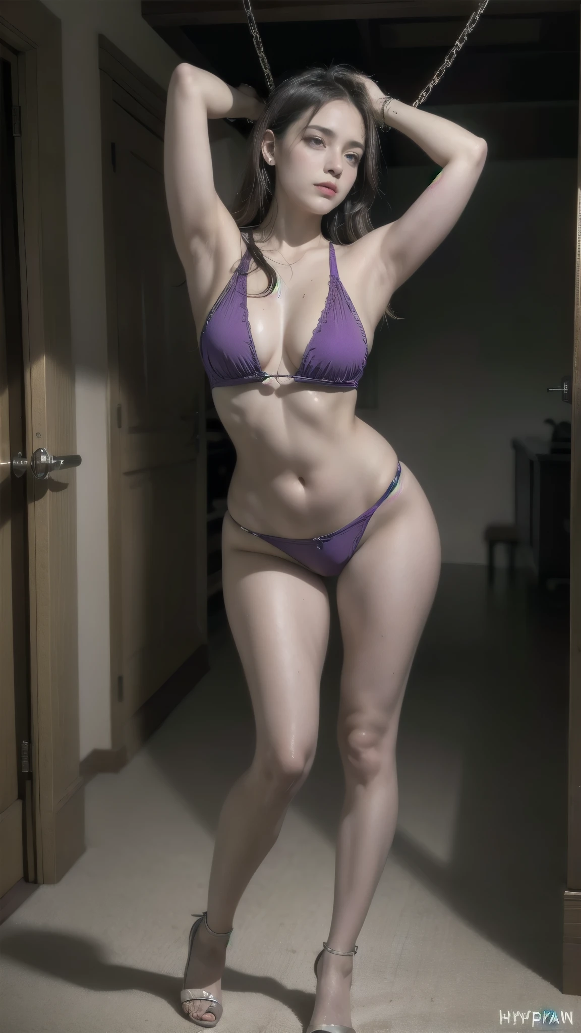 1 woman, she is the light of the stars, (chained in a dungeon:1,5), Pain, (moaning in pain:1,5), (BDSM), FIRST WORK, Altas, 4K, best lights, best shade, obscene:1,5,  lying on your back,  arms up , armpit, body proportions, (Chapped lips:1.4), (blush de nariz:1.2), foreshortening, black cuts, (eye contact), High contrast, ultra high resolution, high resolution, detailed, Clean face,  ( sexy face :1.5), (big purple eyes:1.2), ( ultra detailed eyes :1.4), ( High-resolution eyes :1.1), ( ultra detailed skin texture :1.4), PERSEPHONE, Persephone, Persephone, (SFW:1.5),  (full body:1.8), (upper body up:0.3), (hyper realistic:1.4), (realistic:1.3), (best quality real texture skin), Detailed eyes, detailed face,  cameltoe