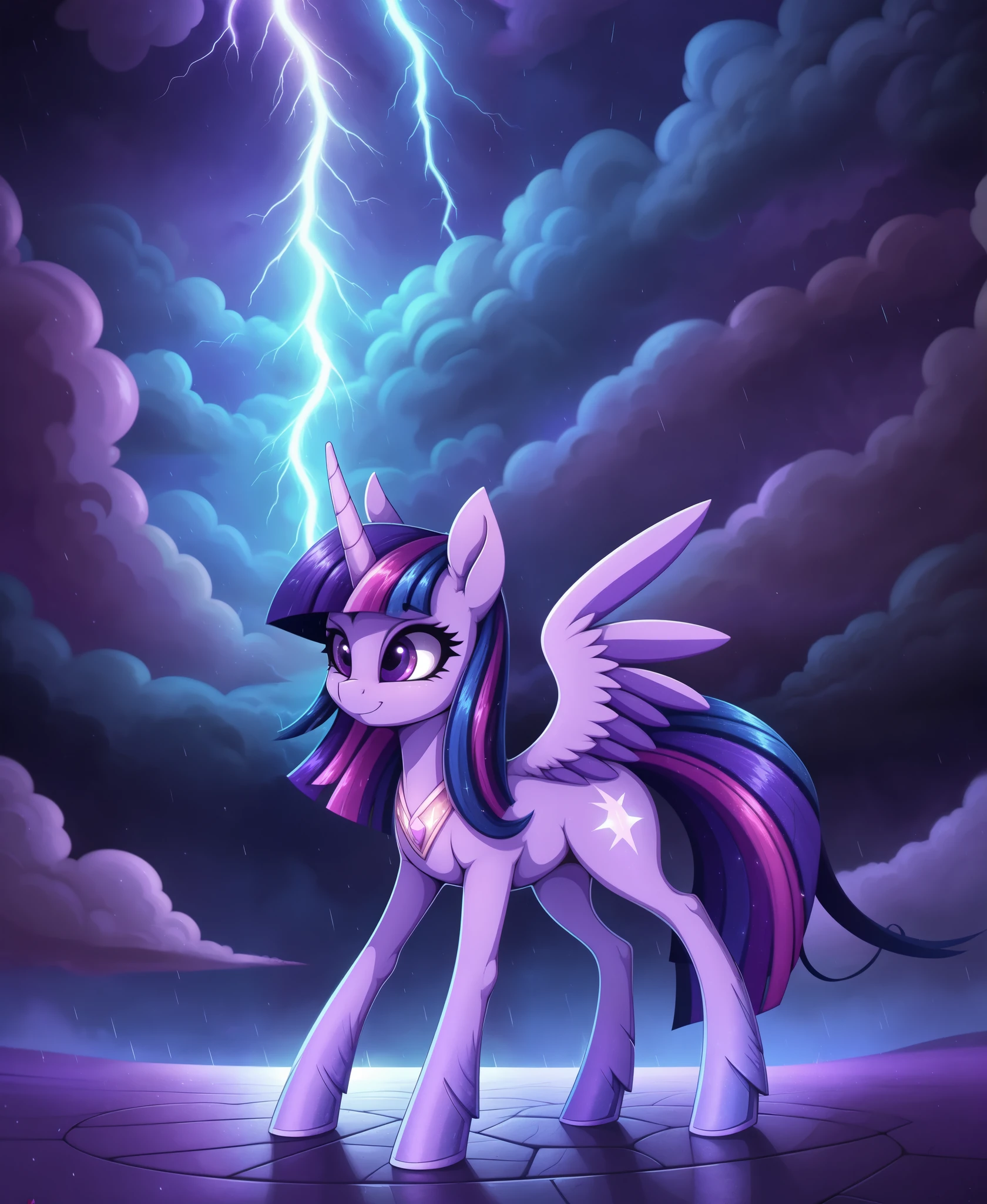 Cartoon pony on purple background standing in rain, Cool twilight, dark glowing rain, mlp fanart, twilight ray, Night storm clouds, Haze and lights, dark art style, High quality wallpaper, background artwork, fractal thunder dan mumford, stunning art style, Twilight Sparkle, equestria, Magnificent background, jen bartel, wallpaper hd, magically glowing