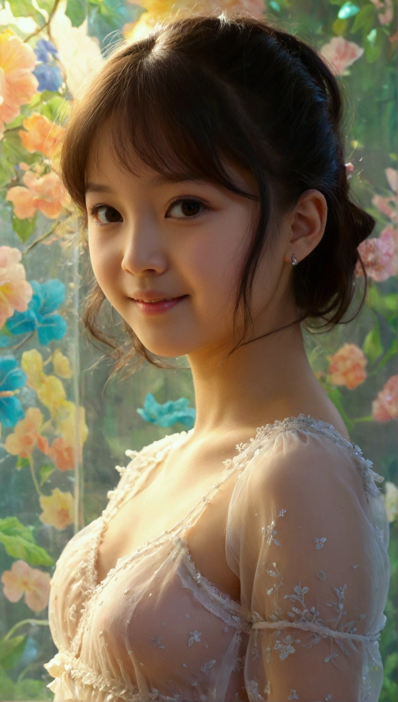 Masterpiece, UHD, 8K, most beautiful asian girl in the world, cute girl, age 9, flat-budding breast, shy smile, pale skin, juvpretty-girl physique, elementary_school-girl physique, charming girl, One-piece style thin sheer fabric dress, sheer fabric, translucent clothes, standing, from the front, alluring act