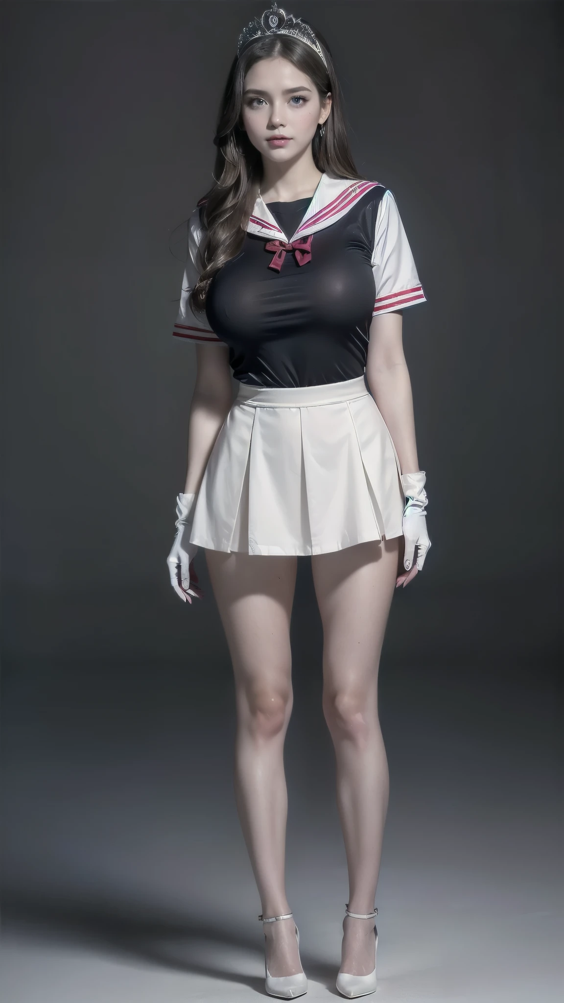  a girl, long hair , ( high quality,8k, black hair , realistic,  high quality,masterpiece,super detailed, disorganized)1.5,((Summer 1 , tiara,  senshi sailor uniform, white gloves, red sailor collar, red skirt)),Night City,white gloves,Purple ribbon,Purple eye, (magical world,fire),high heels, ( full body photo , standing:1.5), Huge breasts， standing，long legs，smile，Solid color background，charming pose,body proportions, (Chapped lips:1.4), (blush de nariz:1.2), foreshortening, black cuts, (eye contact), High contrast, ultra high resolution, high resolution, detailed, Clean face,  ( sexy face :1.5), (big purple eyes:1.2), ( ultra detailed eyes :1.4), ( High-resolution eyes :1.1), ( ultra detailed skin texture :1.4), PERSEPHONE, Persephone, Persephone, (SFW:1.5),  (full body:1.8), (upper body up:0.3), (hyper realistic:1.4), (realistic:1.3), (best quality real texture skin), Detailed eyes, detailed face,  cameltoe 