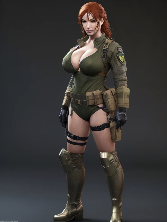 Imagine Christina Hendricks as an Metal Gear Solid character, Christina Hendricks in a stealth video game, Metal Gear Solid, Metal Gear Solid universe, designed by Yoji Shinkawa. High-quality facial research of Christina Hendricks, (Christina's sculpted cheekbones and slight wrinkles around the face), 48 years old, High-quality detailed research of Christina Hendricks voluptuous figure. Wearing Fingerless Gloves, skin-tight black leather suit, armored pieces, utility belt, metallic armlets, armored boots. Dangerous, beautiful detailed eyes, beautiful detailed lips, long eyelashes, bold and intense gaze, glamorous,confident expression, fierce and powerful stance. Full Body shot
