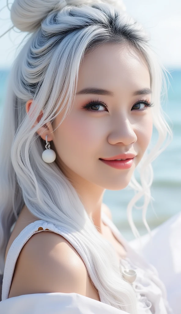 a close up of a woman with white hair and a white mask, beautiful character painting, guweiz, artwork in the style of guweiz, white haired deity, by Yang J, epic exquisite character art, stunning character art, by Fan Qi, by Wuzhun Shifan, guweiz on pixiv artstation, lady, natural look, (best quality:1.3), photo-realistic, highly detailed, high resolution RAW photo, film grain, sexy girl, cinematic light, extreme detail, High definition, happy girl, pretty long hair, light particles, lady, perfect shape,