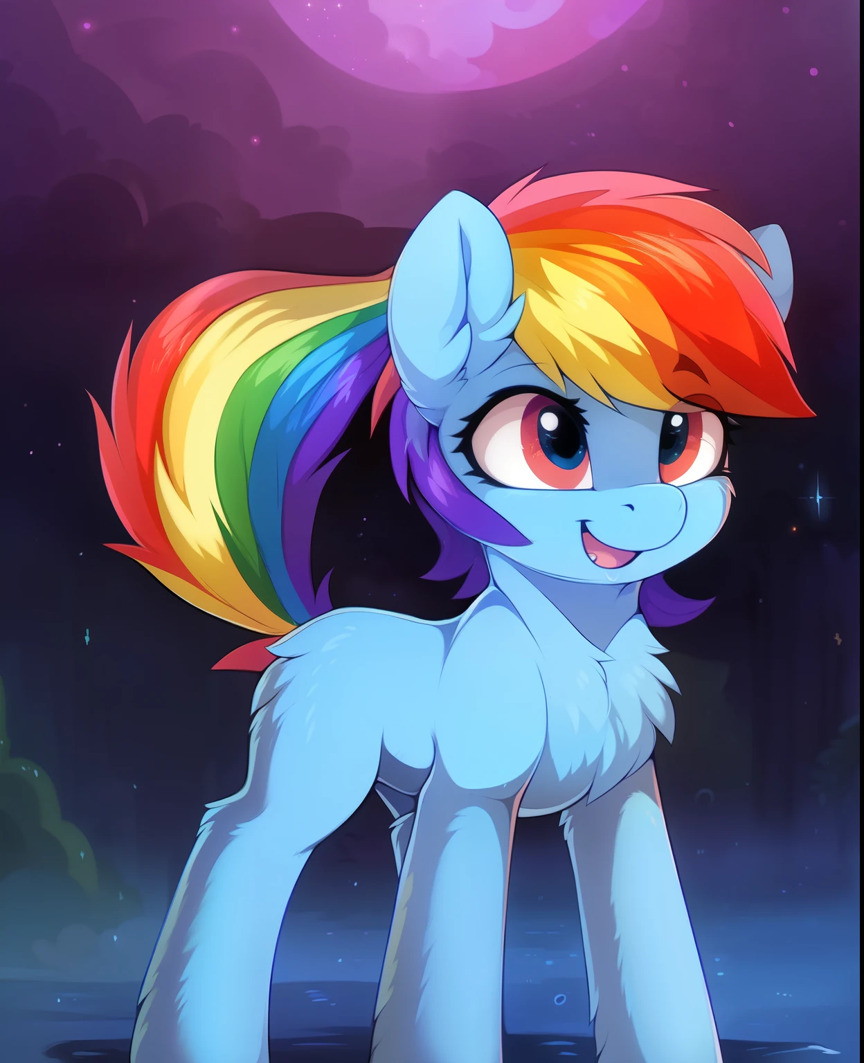 ((masterpiece)), ((best quality)), (8k), (high detailed), (beautiful), 1girl, feral, rainbow dash, smile, one character, mlp, pony, my little pony, horse, wet, all fours, (full body shoot:1.2), detailed hair, detailed fur, by hioshiru, by rattatatus78,, OwO