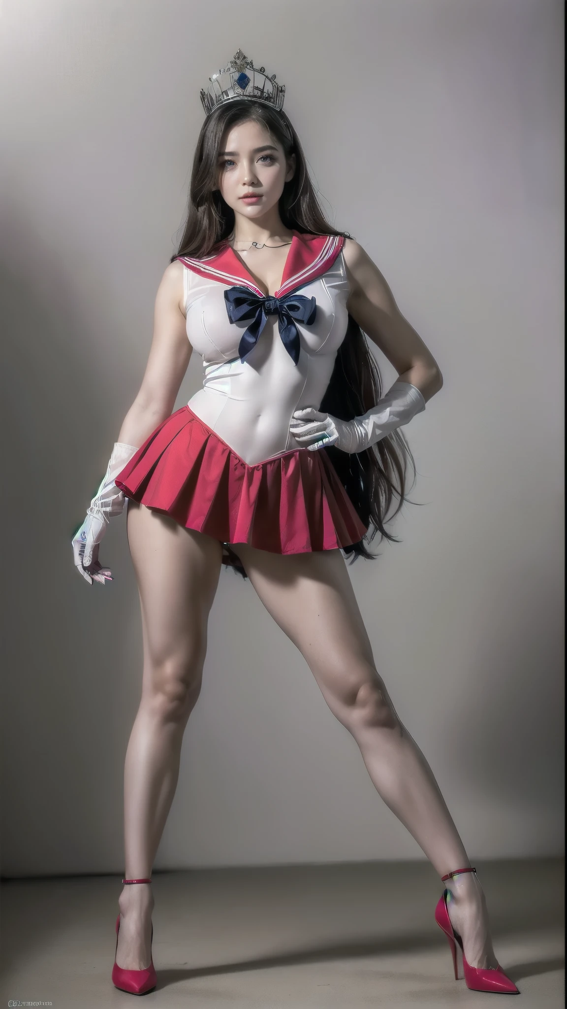  a girl, long hair , ( high quality,8k, black hair , realistic,  high quality,masterpiece,super detailed, disorganized)1.5,((Summer 1 , tiara,  senshi sailor uniform, white gloves, red sailor collar, red skirt)),Night City,white gloves,Purple ribbon,Purple eye, (magical world,fire),high heels, ( full body photo , standing:1.5), Huge breasts， standing，long legs，smile，Solid color background，charming pose,body proportions, (Chapped lips:1.4), (blush de nariz:1.2), foreshortening, black cuts, (eye contact), High contrast, ultra high resolution, high resolution, detailed, Clean face,  ( sexy face :1.5), (big purple eyes:1.2), ( ultra detailed eyes :1.4), ( High-resolution eyes :1.1), ( ultra detailed skin texture :1.4), PERSEPHONE, Persephone, Persephone, (SFW:1.5),  (full body:1.8), (upper body up:0.3), (hyper realistic:1.4), (realistic:1.3), (best quality real texture skin), Detailed eyes, detailed face,  cameltoe 