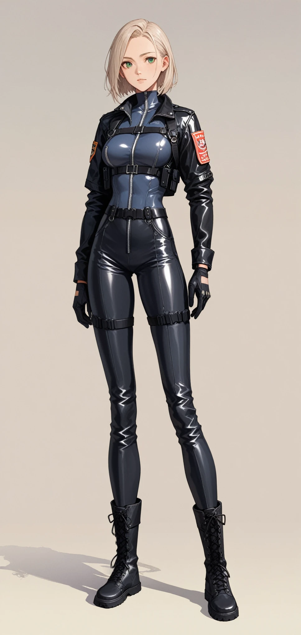 (best quality, upper bpdy),female,blond hair,green eyes,wearing black racing suit likes police uniform, black and grey mecha, wearing military harness,Science fiction,ultra-detailed,sharp focus,aesthetic
score_9, score_8_up, score_7_up,source_anime,rating_safe,anime style, short leather jacket, simple background, plain backdrop , full body, (black knee-high leather boots), black boots, plain boots,( leather boots), gloves,